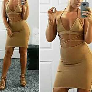 Oh Polly Gold Glitter Sexy Two-Piece Skirt and Crop Halter Top Set